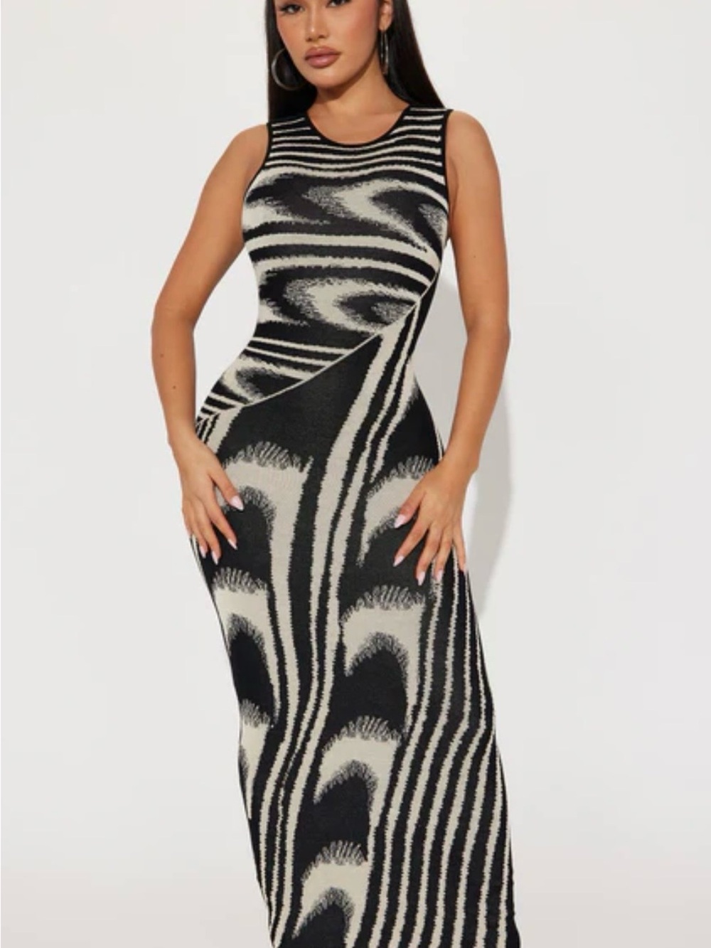 Fashion Nova Black & Cream Abstract Bodycon Maxi Dress